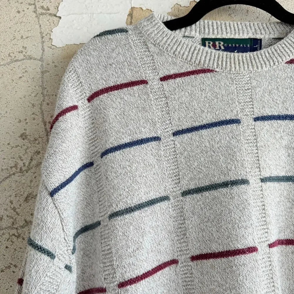Vintage 90s Sweater Retro Grandpacore Striped Textured Made in USA Mens L Preppy